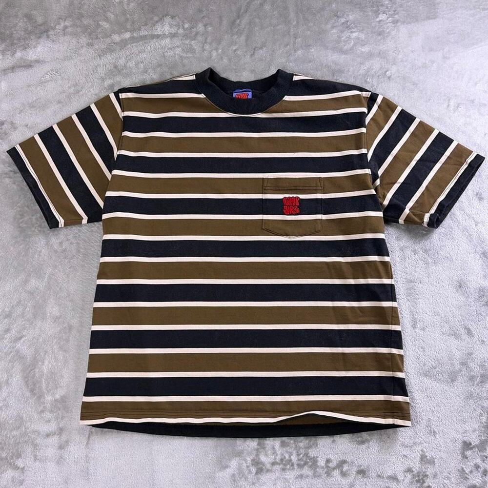 Empyre Men’s Medium Brown Black Striped Pocket T-Shirt Boxy Fit Stamp Logo